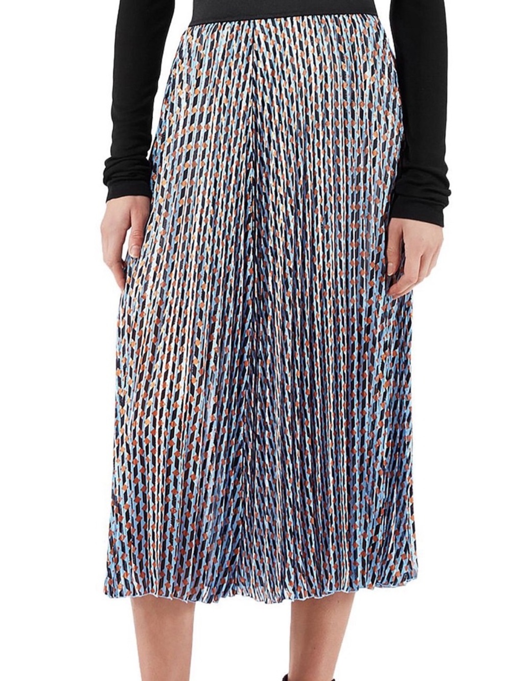 Maje Asymmetrical Pleated Skirt in Blue and Tan Print
